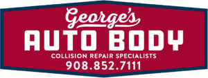 George's Auto Body text logo on red background